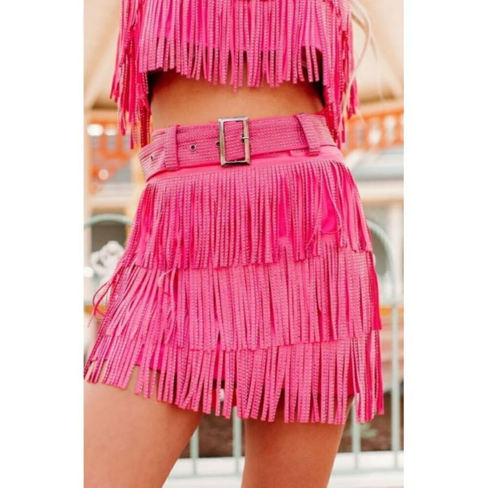 Spotlight Stealer Rhinestone Fringe Mini Skort Fuchsia - Picture 6 of 10